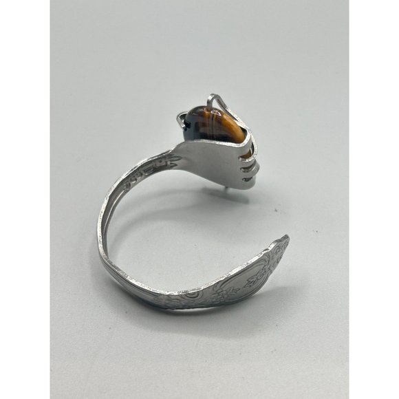Flatware Jewelry Handcrafted Fork Bangle Bracelet Tiger Eye Stone Primitive - Picture 5 of 11